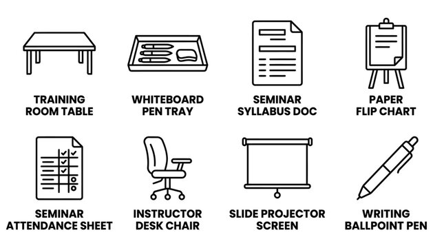 Set of minimalist training and seminar room office equipment icons with training classroom education business presentation equipment whiteboard flipchart syllabus attendance projection