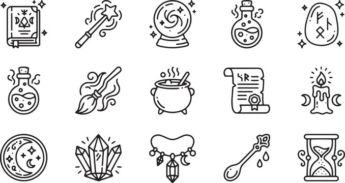 Magic Spellbook Crystal Ball Cauldron Rune Stone Line Art Icons