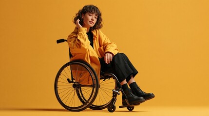 Obraz premium Stylish young woman in a wheelchair, fashion forward, confident, posing against a vibrant yellow background