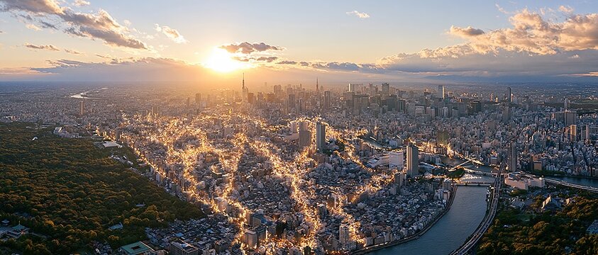 Panoramic Aerial View of a Sprawling Metropolis at Golden Hour Sunset with Dramatic Light and Clouds