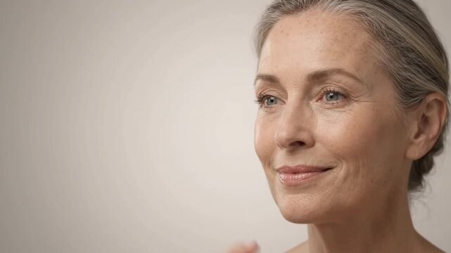 穏やかに微笑むシニア女性の自然な素肌とエイジングケアの美容イメージ