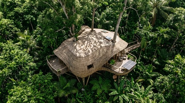 Aerial view of a sustainable bamboo treehouse nestled in a lush tropical jungle.