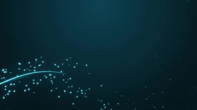 深い青緑の空間を流れる発光粒子と光のラインによる抽象デジタル背景