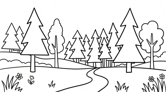 A minimalist black and white illustration depicts a serene forest landscape featuring a gently winding path and numerous tall evergreen trees