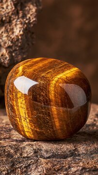 Polished Tiger's Eye Gemstone with Natural Streaks, Resting on Textured Wood Surface