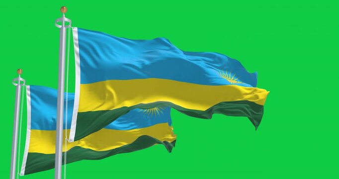 Rwanda national flags waving isolated on green background