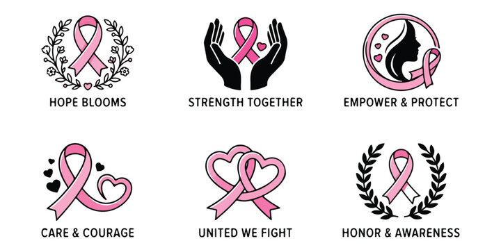 Set of six artistic pink ribbon illustrations designed for breast cancer awareness month campaigns and charitable fundraising event graphics