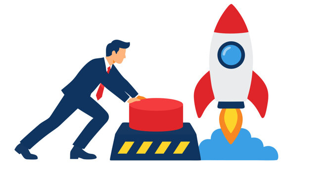 Businessman pressing red launch button rocket takes off startup success concept bold flat vector illustration on clean white background entrepreneur action - detailed commercial stock imagery with