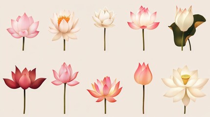Obraz premium Collection of Elegant Lotus Flowers in Various Colors and Stages of Bloom, Perfect for Spiritual and Botanical Designs.