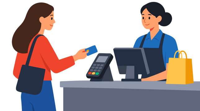 Flat vector illustration of a woman customer paying with generic credit card at retail checkout counter, friendly cashier, POS terminal and shopping bag, bold flat colors on white background