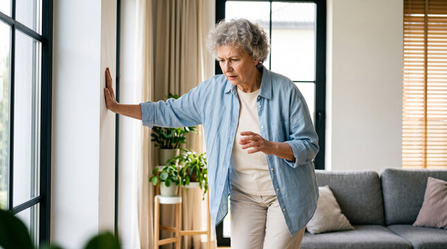 Senior woman feeling dizzy and suffering from a headache while sitting at home, holding her head in discomfort and experiencing weakness, vertigo and sudden health problems.