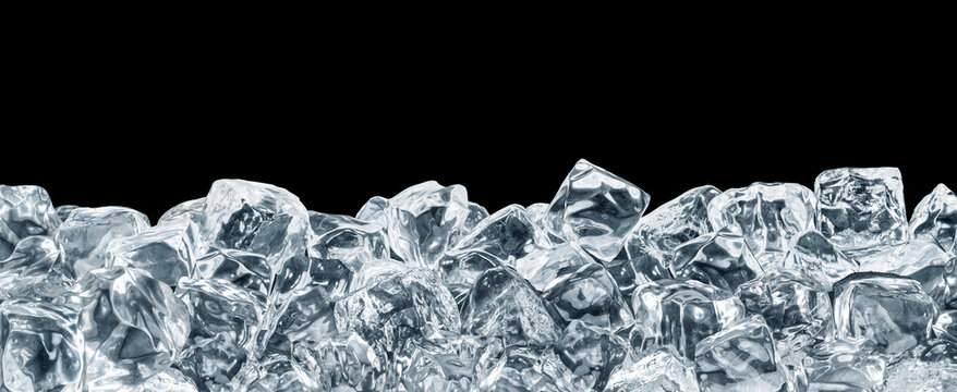 Horizontal border layout of a pile of crushed ice cubes reflecting light against a solid black background.