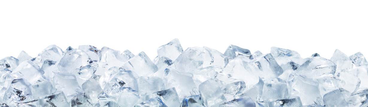 Composition of crushed natural ice cubes packed tightly together, isolated on a white background.