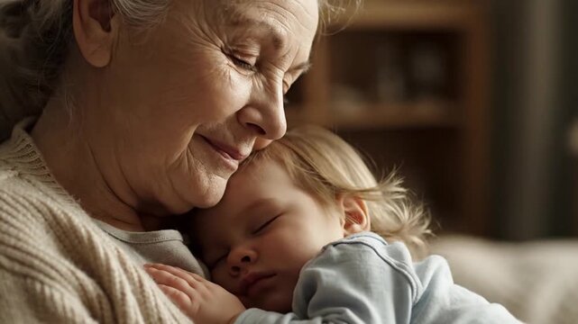 Grandmother Holding Sleeping Baby Gently in Her Arms. 4K Video
