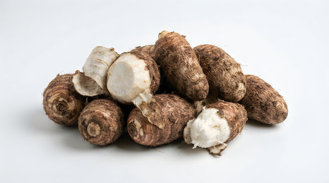 Fresh raw taro roots pile for cooking illustration