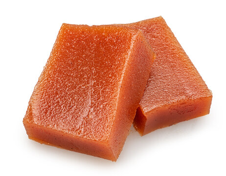Quince paste cubes or quince marmalade cubes on white background. File contains clipping paths.