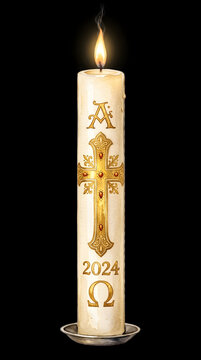 paschal candle burning with cross and alpha omega symbols