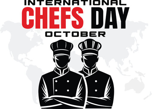 International Chefs Day Vector Illustration with Two Professional Chefs in Toques and World Map Background, Celebrating Culinary Excellence Globally in October for Restaurant Branding.