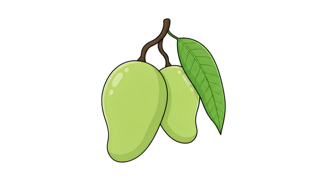 Two fresh green mango fruits with leaf on a stem illustration
