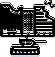 Obraz premium Armored vehicle engaging in military action near a partially destroyed city structure with debris flying, symbolizing urban conflict and the devastating impact of modern warfare