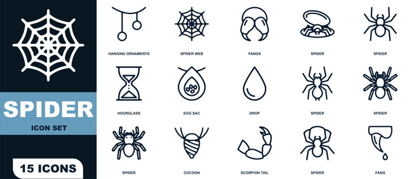 Fifteen spider and web themed line featuring arachnids, fangs, egg sacs, and hourglass shapes