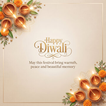 Elegant Diwali Greeting Card with Beige Champagne Background, Gold Border, Marigold Flowers and Glowing Diya