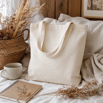 Canvas tote bag stands upright on a bed surrounded by a woven basket of dried flowers, a ceramic cup, a notebook, and pillows.