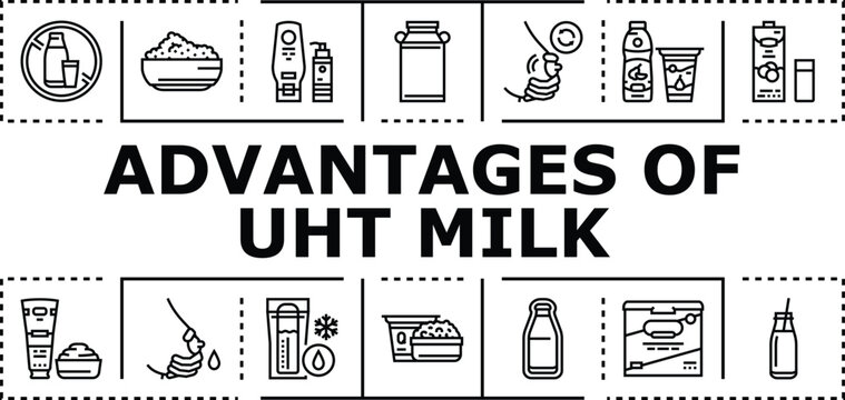 Advantages of uht milk banner infographic. Sterile nutritious, quality packaged, stable economical icon vector illustration