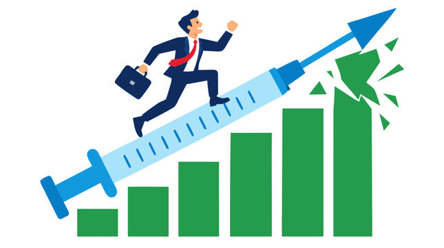Happy businessman in suit running forward on giant medical syringe transforming into rising arrow with green bar chart graph symbolizing pharmaceutical healthcare industry growth and business success
