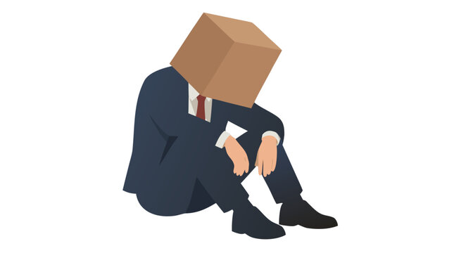 Depressed businessman sitting slumped on floor with brown cardboard box covering his head, corporate failure concept, minimalist flat vector illustration of defeat, shame, embarrassment and hiding