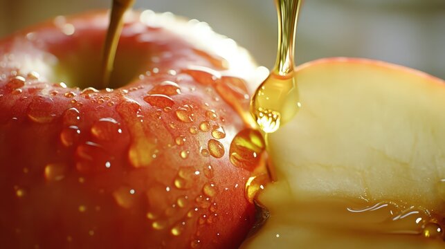 Fresh Apple with Honey Drizzle: Close-up of ripe fruit, glistening with droplets, showcasing natural sweetness and healthy snack appeal.