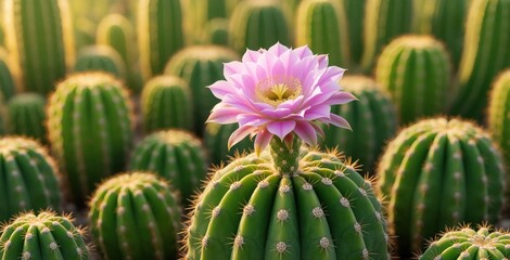 Fototapeta premium Pink cactus flower blooms on green succulent in desert garden. Beautiful Cereus columnaris blossom opens under warm sunlight. Many round barrel cacti grow in field with soft bokeh background. Natural