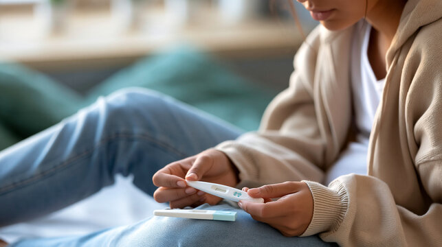 Faceless young woman sitting on a bed and looking anxiously at a positive pregnancy test, unexpected pregnancy, family planning, reproductive health, emotional stress, intimate