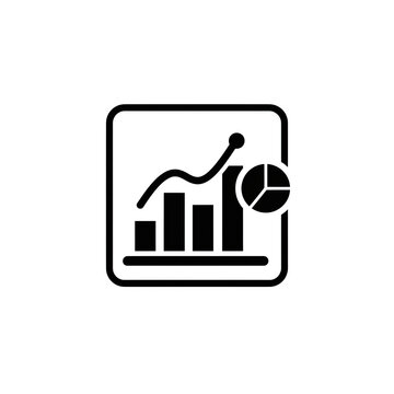 Black financial analytics dashboard icon featuring bar chart line graph and pie chart elements.