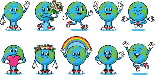 Obraz premium Retro cartoon earth day character set, vintage rubber hose style globe mascot collection, 10 cute planet earth vector icons for environmental awareness