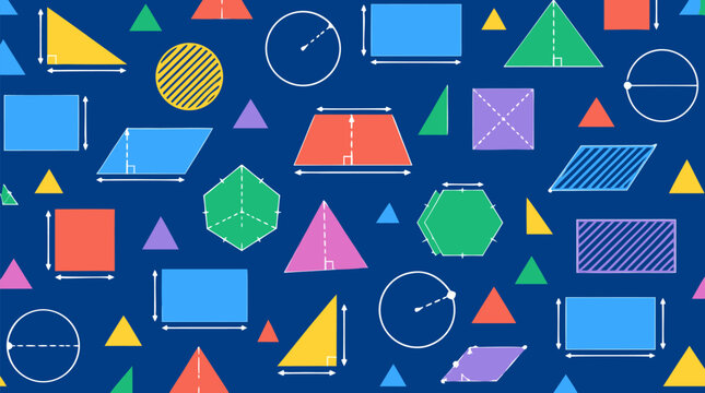 Scattered Geometric Formulas Area Finding Diagrams Colorful Shapes Seamless Pattern Deep Blue Chalkboard Background Math Education Vector Illustration - professional detailed commercial stock