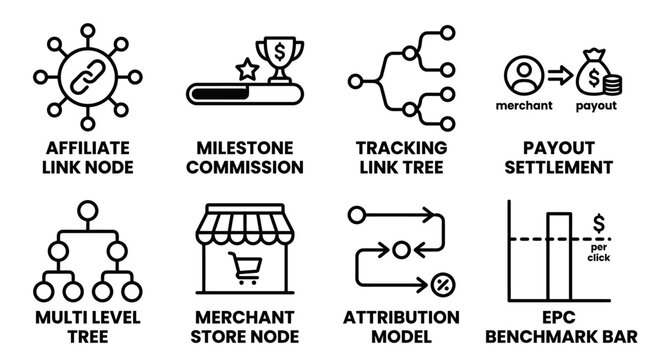 Set of eight digital business and affiliate marketing analytical icons for data monitoring with affiliate business marketing analytical milestone commission tracking settlement merchant