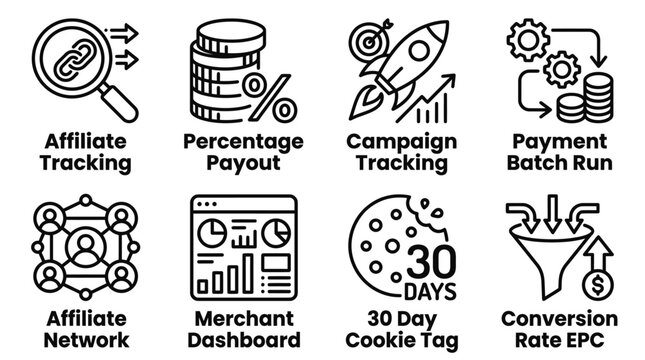 Set of eight affiliate marketing and digital advertising conversion icons for performance tracking with affiliate marketing advertising conversion tracking percentage campaign merchant