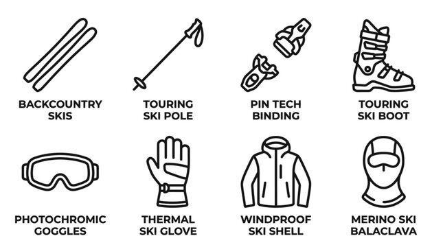 Set of eight backcountry and ski touring equipment icons for winter outdoor adventure sports with backcountry equipment bindings balaclava adventure mountain recreation clothing windproof