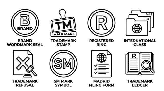 Set of trademark and intellectual property registration procedure icons with trademark property registration business branding international protection copyright intellectual official