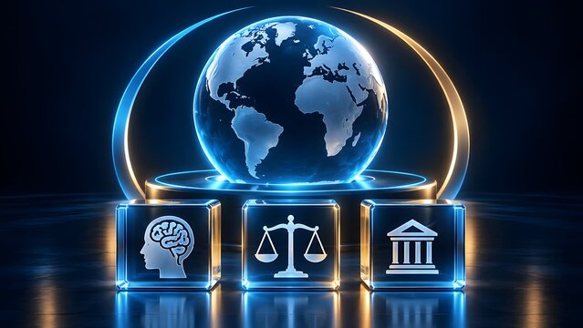 International cyber law concept with a digital earth globe behind glass cubes showing artificial intelligence bank and justice scales