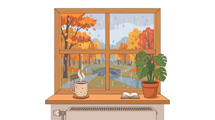 Obraz premium Hot Drink Mug and Monstera Plant on Windowsill Overlooking Rainy Autumn Park Vector Illustration