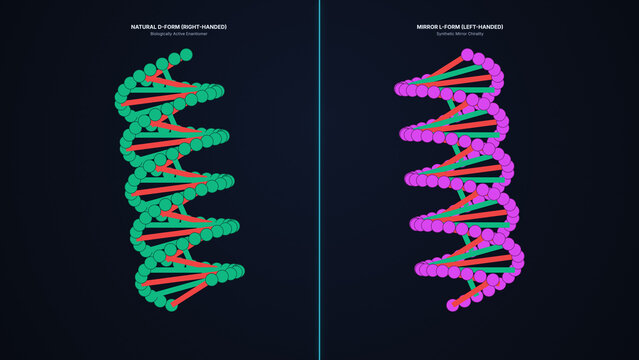Synthetic mirror DNA double helix comparison showing natural green right-handed versus pink mirrored left-handed genetic strands for mirror biology research, biosecurity governance, and chirality