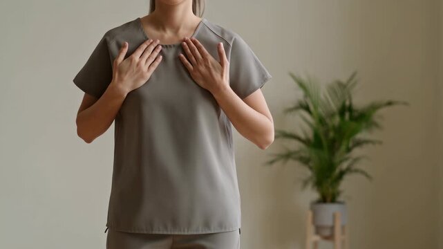 Person in gray short-sleeve clothing moves both hands from overlapping at upper chest to a separated position while standing indoors beside a softly blurred potted green plant