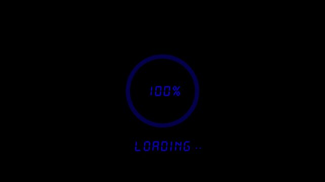 Blue digital loading progress circle with one hundred percent text on black