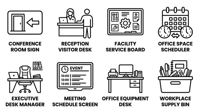 Set of eight office and facility management icons showcasing workplace logistics and scheduling with workplace facility management reception scheduling supplies business logistics calendar