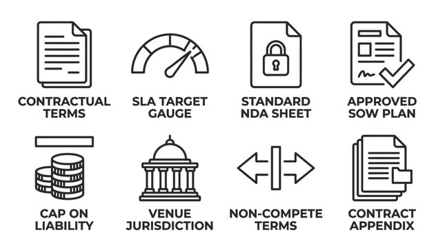 Set of eight business contract and legal clause icons with text labels contract agreement standard document approved liability jurisdiction appendix corporate business compliance financial