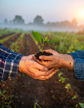 Two pairs of weathered hands cradle a young green seedling in fertile soil, symbolizing hope, sustainability, and agricultural growth. This warm, hopeful image promotes environmental stewardship.