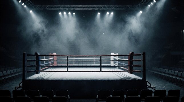 Empty boxing ring stands in dark smoky arena under bright spotlights. Dramatic atmosphere with thick fog covers pro combat sports stage. Intense cinematic lighting prepares for championship fight