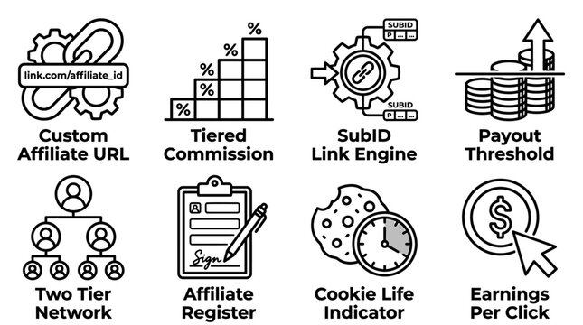 Set of eight affiliate marketing icons depicting commission link tracking payout mechanisms with affiliate marketing commission tracking earnings business strategy referral monetization